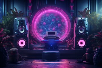 Futuristic hi-fi acoustic sound system. Futuristic cyberpunk recording studio background with floral ornaments and neon lights. Generative AI - obrazy, fototapety, plakaty