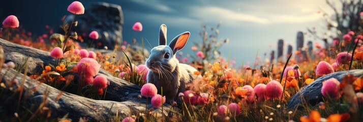 Obraz na płótnie Canvas easter bunny in the grass flowers