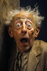 Foto op Plexiglas Stunning image of elderly man displaying humorous shock, his eyes wide in disbelief, unique visual appeal on a simple neutral background. © XaMaps