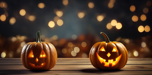 A large pumpkins with a carve glowing face on a Halloween decor backdrop.