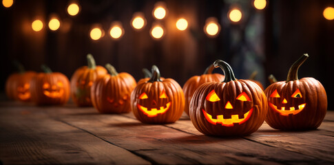 A large pumpkins with a carve glowing face on a Halloween decor backdrop.