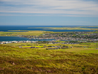 View of Kirkwall, Mainland, Orkney from the top of Wideford Hill on a sunny day