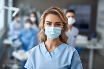female doctor in medical mask and gloves at dental clinic, medicine concept