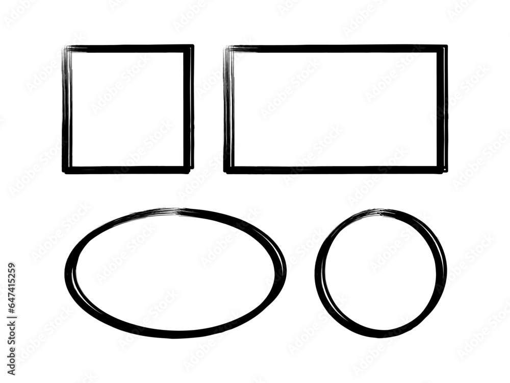 Poster set of geometric elements in black brush stroke. grunge frames in forms of oval, square, rectangle, 