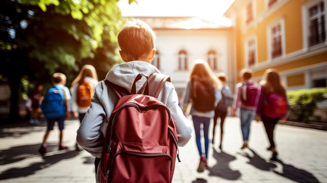 little boy with school backpack walking towards school