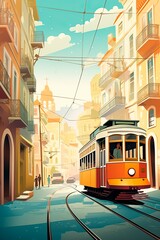 Portugal Lisbon retro city poster with  houses, street and old tram - obrazy, fototapety, plakaty