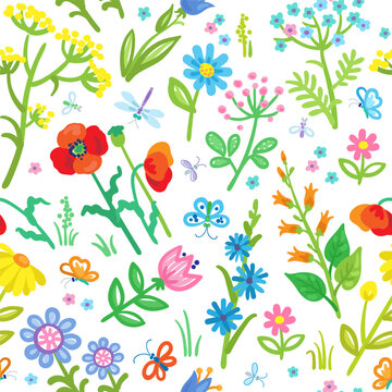Beautiful colorful flowers and butterflies. Seamless pattern in cartoon style. Isolated on white background. Vector flat illustration. Children's drawing. Template for decorative paper or wallpaper. 