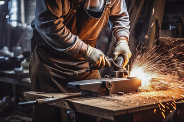Close up of blacksmith working with power tools in workshop, using a safety protection gear while working