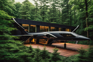 Black business private jet parked in front of villa in the middle of green forest, wealthy living.