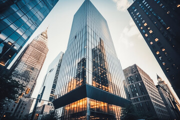 Naklejka premium Low angle of tall building in Manhattan