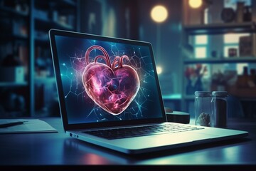 Close-up laptop with holographic heart on workplace. Digital test and laboratory concept. Double exposure. Generative AI - obrazy, fototapety, plakaty