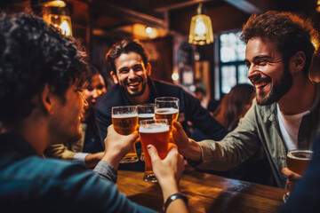 Close up of friends talking and toasting in a pub with beers
