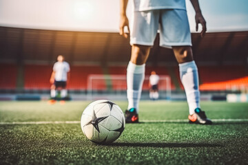 Soccer player ready for the penalty shot, close up of soccer player lower leg shot upfront,