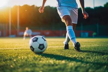 Obraz premium Soccer player ready for the penalty shot, close up of soccer player lower leg shot upfront,