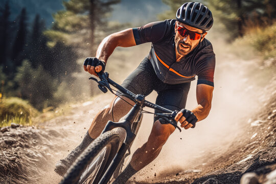 Close up of mountain biker focusing and driving on trail, outdoor sporty activity - Powered by Adobe