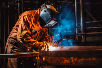 Welder man at work in his workshop while wearing a safety protection gear, focus on work