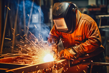 Welder man at work in his workshop while wearing a safety protection gear, focus on work