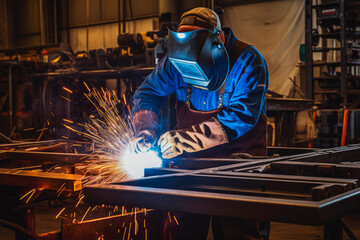 Welder man at work in his workshop while wearing a safety protection gear, focus on work