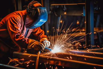 Welder man at work in his workshop while wearing a safety protection gear, focus on work