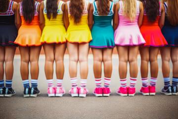 Close up of cheerleader group together in a row, waiting on a performance start