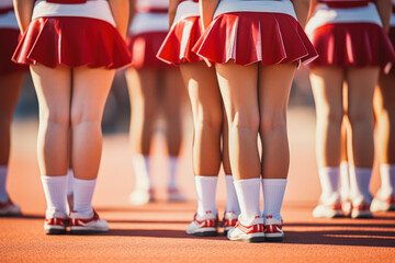 Close up of cheerleader group together in a row, waiting on a performance start