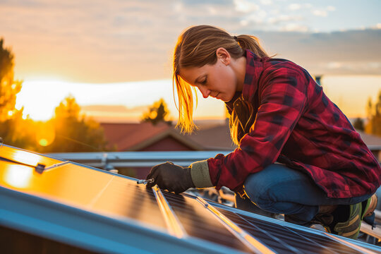 Woman Worker Installing Solar Panels On A Roof With Sunset Light In The Background