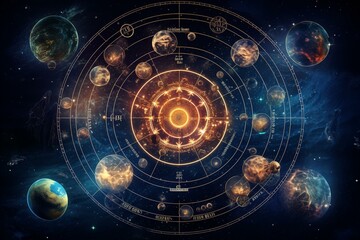 Astrology and horoscope, zodiac signs revolving around the moon in space. Generative AI - obrazy, fototapety, plakaty