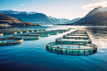 Top view of fish farms in Norway, fishing industry concept with mountains in background - obrazy, fototapety, plakaty
