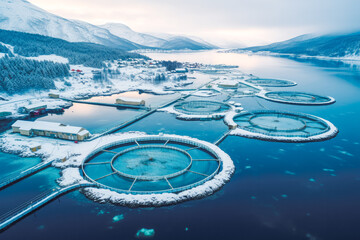 Top view of fish farms in Norway in winter time, fishing industry concept with mountains in background