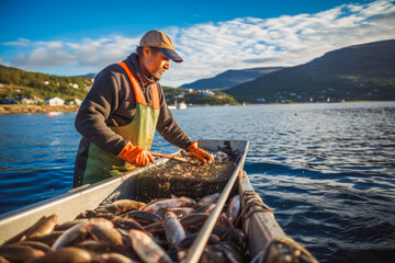 Top view of fish farms in Norway, fishing industry concept with mountains in background - obrazy, fototapety, plakaty