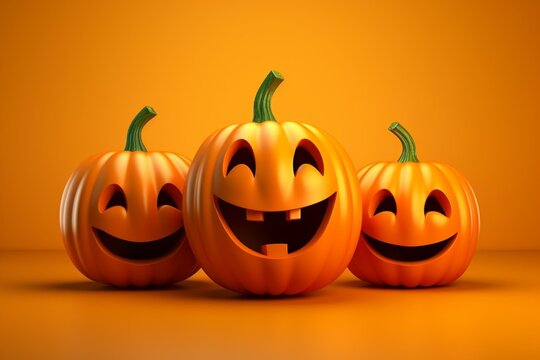 3D-rendered pumpkin faces on an orange background. Modern and creative Halloween illustration with trendy 3D backdrop. Generative AI