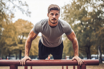 Handsome athletic man doing calisthenics at the park, physical exercise outside
