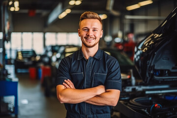 Portrait of handsome mechanic technician in his garage shop