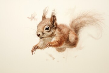 Fototapeta na wymiar Playful drawing of young squirrel against plain backdrop. Generative AI