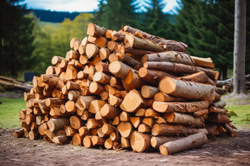 Pile of chopped tree outside waiting for cutting