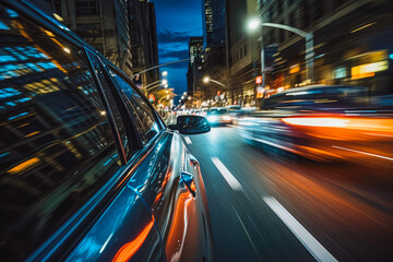 Fototapeta premium Crazy car ride in the night in blurry motion, fast ride through town at night