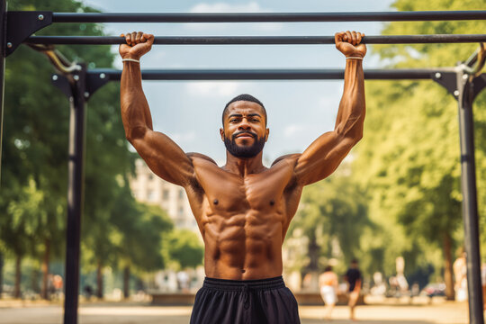 Handsome athletic african american man doing calisthenics at the park, physical exercise outside