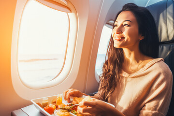 Beautiful young woman eating a plane meal at a window seat, enjoying a meal on a plane ride