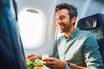 Handsome young man eating a plane meal at a window seat, enjoying a meal on a plane ride