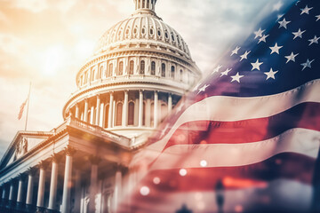 Concept of election day in capital Washington with american flag waving in wind
