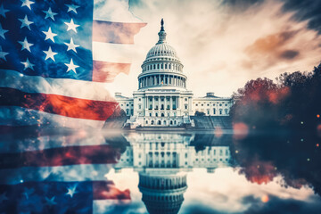 Concept of election day in capital Washington with american flag waving in wind