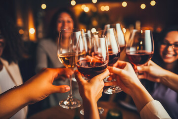 Close up of friends toasting with wine glasses at home party for celebration - obrazy, fototapety, plakaty