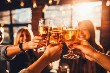 Close up of friends toasting with wine glasses at home party for celebration