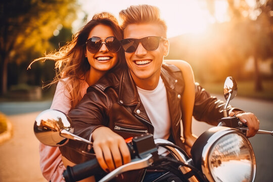 Young attractive couple smiling and posing on motor bike,ready for fun ride on sunny day