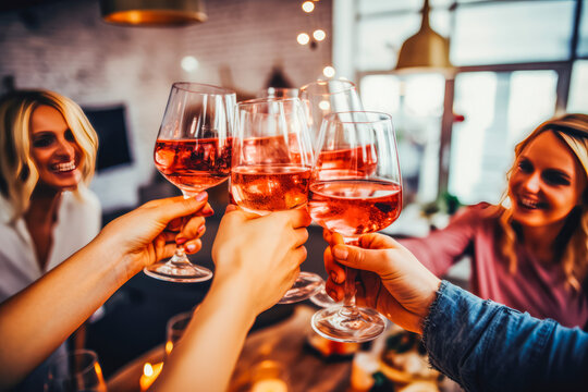 Close up of friends toasting with wine glasses at home party for celebration