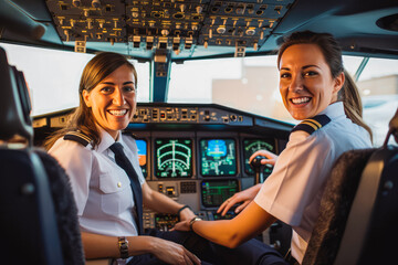Beautiful smiley woman pilot and her co pilot in cockpit ready for take off, woman on high work position - obrazy, fototapety, plakaty