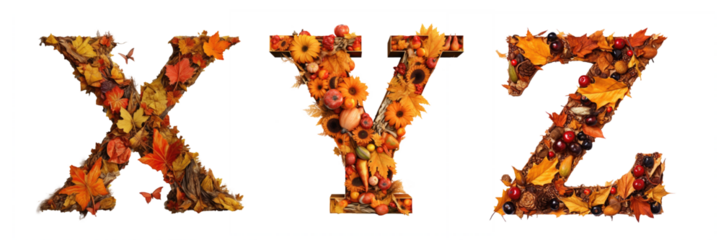 Autumn X, Y, Z letters font isolated on transparent background - Generative AI