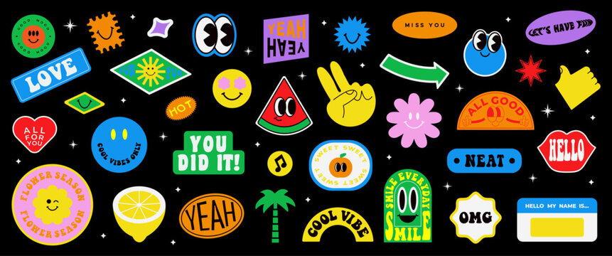 Colorful happy smiling face label shape set. Collection of trendy retro sticker cartoon shapes. Funny comic character art and quote patch bundle. Modern slang word, catchphrase sign, text slogan