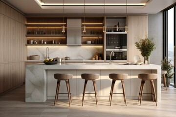 Modern kitchen with marble bar, wooden stool, white pantry, and stylish furniture. Generative AI
