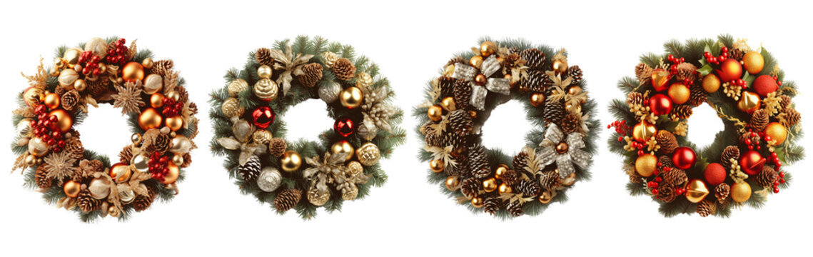 setof christmas wreath png isolated on a transparent or white background
